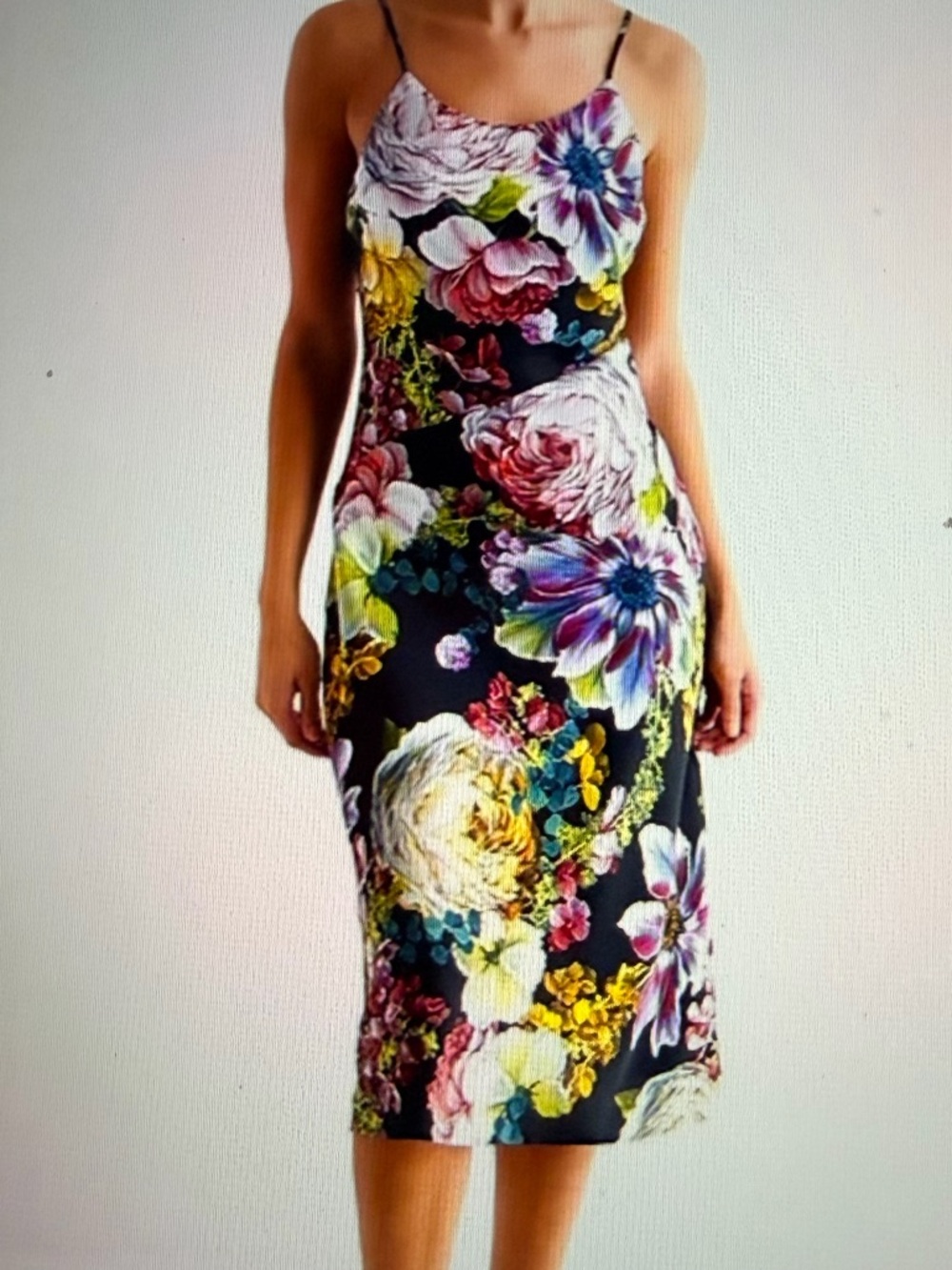 Express Floral Spaghetti-Strap Midi Dress in Black with Multicolor Blooms